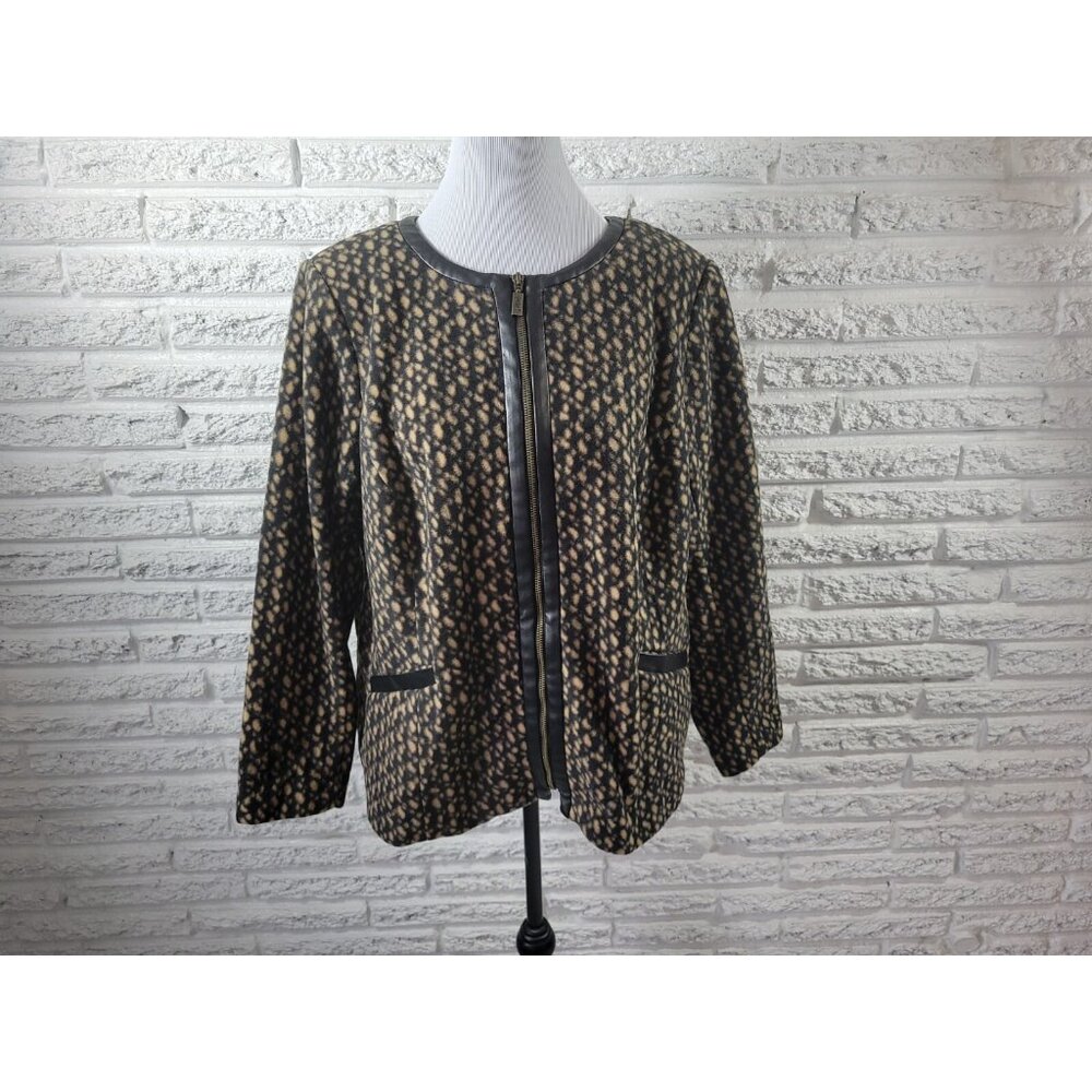 Bob Mackie Wearable Art Fleece Jacket 1X Black Animal Print Zip Button SWE138E